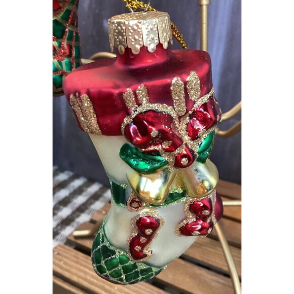 Hand Crafted Glass Christmas Ornaments By Unique Treasures Sleigh Stockings X3 - Picture 6 of 16